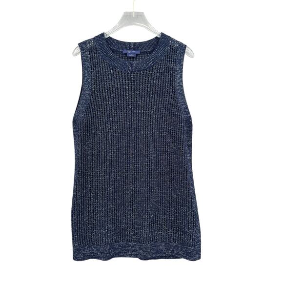 W by Worth Dark Navy Open Knit Silver Metallic Sparkle Tunic Tank Sleeveless Top - Picture 8 of 12